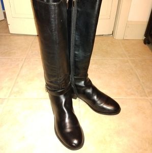NINE WEST GIANI FAUX LEATHER KNEE HIGH HEELED BLACK BOOTS STRETCH BACKS SZ 7.5